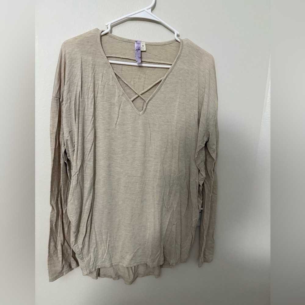 Alya Beige Crisscross V-Neck Long Sleeve Top